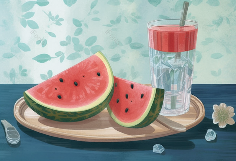 夏日室内的桌面上放着冰凉的西瓜与果汁创意插画设计素材,插画/手绘图,插画/手绘图库,插画/手绘图下载,插画/手绘